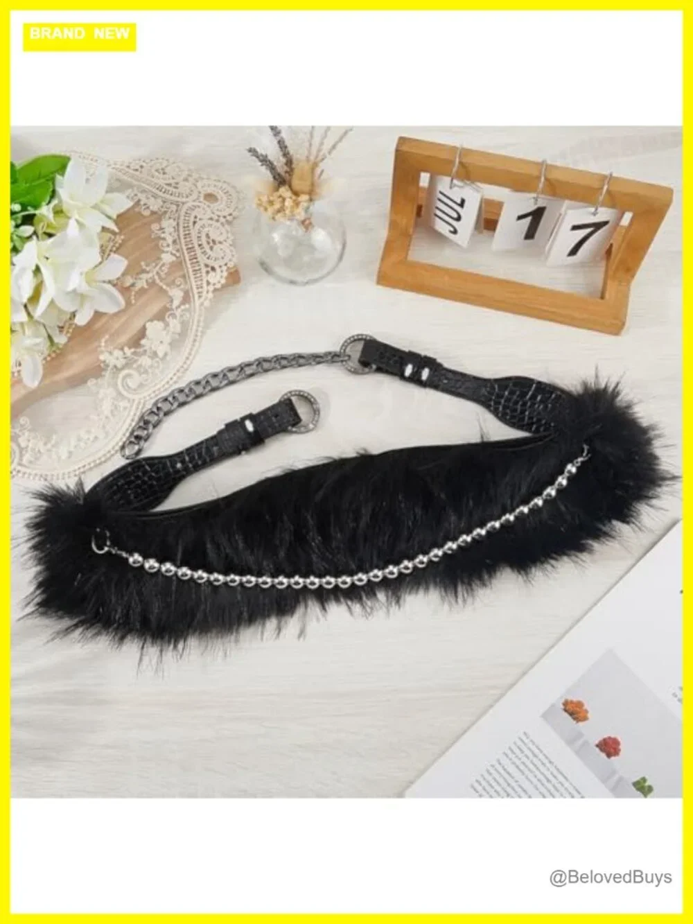 Faux Leather Furry Chain Waist Belt Women Wide Chunky Punk Grunge Punk